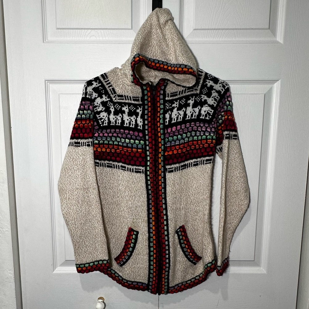 Andean Alpaca Blend Hoodie Zippered Cardigan Llama Pattern Cream Small